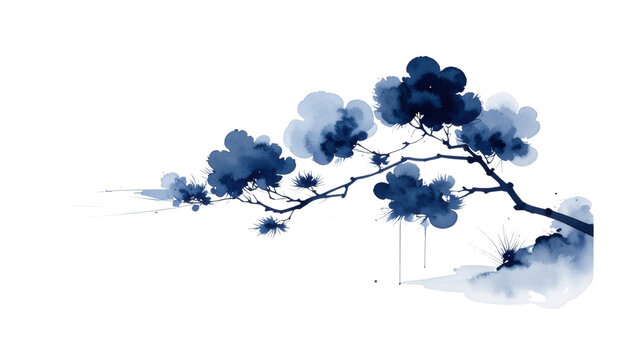 Pintura em aquarela azul de um galho de &aacute;rvore estilo sumi-e, com folhagem abstrata e fundo branco, transmitindo serenidade e arte oriental.