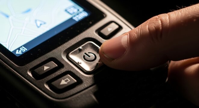 Hand pressing button on electronic device.