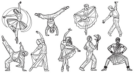 Obraz premium Dancers Outline Character Set - Performing Arts People Vector Collection
