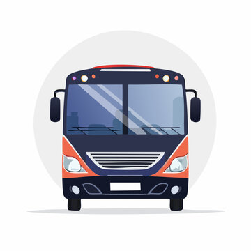Front view of a modern public transportation bus from multiple views with the bus features a dark blue and orange