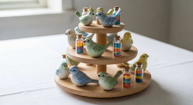 Charming ceramic bird figurines displayed on a light beechwood tiered stand with colorful striped bottles