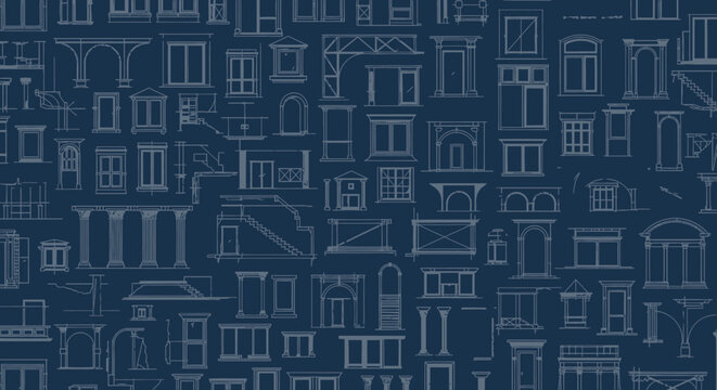Seamless blueprint pattern of various architectural doors, windows, and stairs on a dark blue background, architectural background.