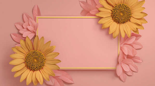Sunflower frame background with pink leaves and gold border for product display and presentation