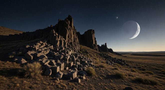 Jagged basalt formations in dramatic sunlight on a rocky hillside under a twilight sky with a faint moon.