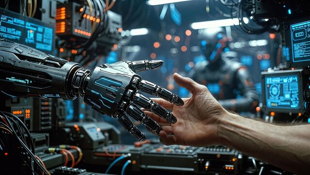 Human-robot interaction futuristic lab digital art high-tech environment close-up ai connection