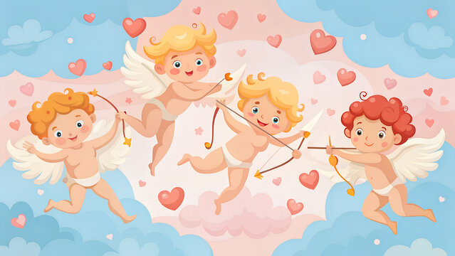 Four adorable cherubs flying among pink hearts and fluffy clouds shooting arrows of love on blue sky background