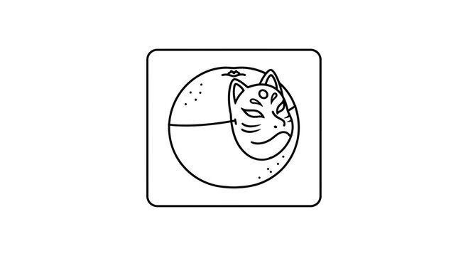 Kitsune Mask on a Round Object with Dots, Minimalist Line Art Icon