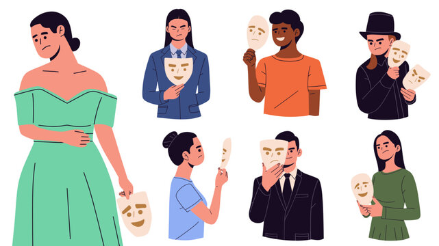 Flat vector set of people holding theatrical masks to represent emotions, identity, and dual personality. ideal for psychology, mental health awareness, social behavior, acting, and human emotion 