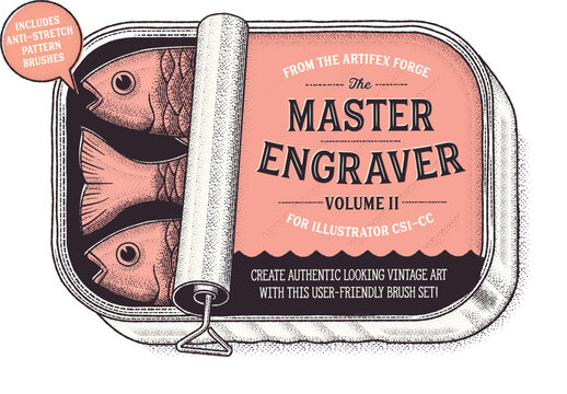 Master engraver volume 2 for illustrator csi-cc with anti-stretch pattern brushes, authentic looking vintage art with user-friendly brush set, retro fish in tin can illustration.