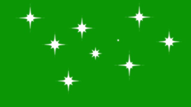 Twinkling stars motion graphics on green screen, shiny optical flare sparkle rays rotating cartoon doodle style, white flat vector stars shining twinkling effect loop animation 4K