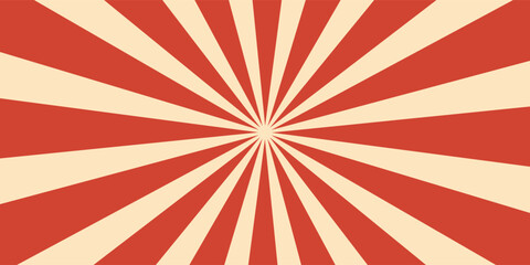Retro red background with vintage circus sunburst. Psychedelic colorful swirl poster, abstract pattern in 70s carnival style. Hypnotic sunburst vector illustration. © armani