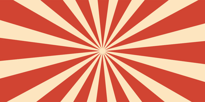Retro red background with vintage circus sunburst. Psychedelic colorful swirl poster, abstract pattern in 70s carnival style. Hypnotic sunburst vector illustration.