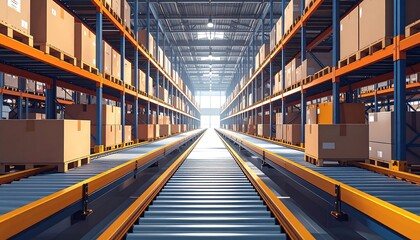 Fototapeta premium Modern Warehouse Interior with Rows of Shelves and Conveyor Belt. Modern warehouse interior