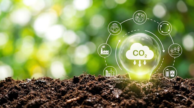 Glowing lightbulb with co2 symbol surrounded by sustainable energy and environmental protection icon