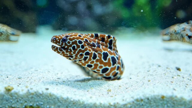 Leopard Moray Eel Emerging from Sandy Seabed in Aquarium.
