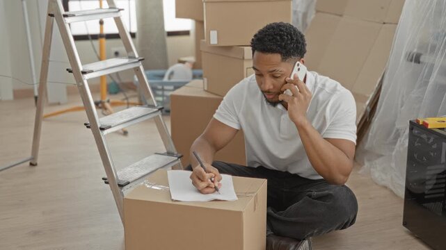 Man writing on a cardboard box while holding a smartphone in a building with moving boxes and ladder; focused moving preparation.