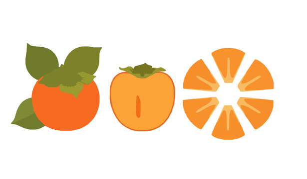 Persimmon fruit vector set with whole half and sliced kaki in flat style for autumn harvest and Korean Chuseok design