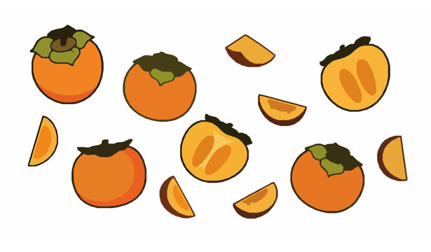 Cute persimmon fruit cartoon collection with whole cut and sliced kaki for festive autumn and Chuseok themed designs