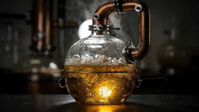 Medium shot of a classic bulb pot still during singlepot batch distillation highlighting the intricate glasswork and bubbling liquid inside.