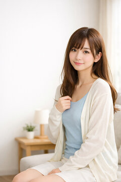 Smiling young woman in a natural indoor setting, clean lifestyle concept、ナチュラルな室内で微笑む女性、清潔感のあるライフスタイルイメージ