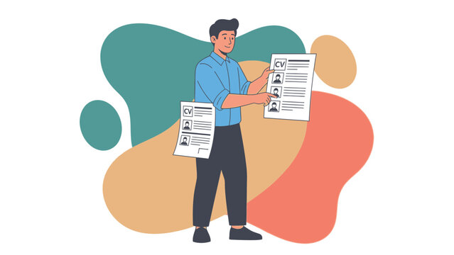 Man reviewing CVs for job hiring, recruitment process, human resources concept