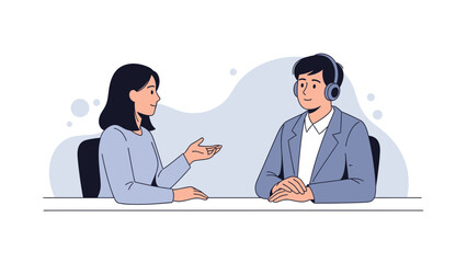 Obraz premium Two people in a conversation, one wearing headphones, illustration