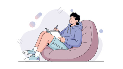 Obraz premium Young man sitting on bean bag chair, writing and thinking, creative inspiration, comfortable lifestyle