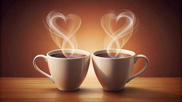 Two coffee cups with steam forming hearts on wood background