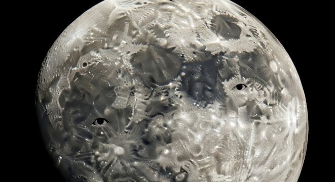 Detailed close-up of the moon's surface with visible craters and unique textures.