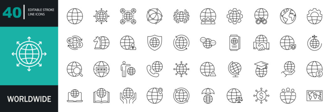 Worldwide icon set. Containing globe, world, international, global, earth, network, sphere, planet, citizen, business, population, and more. Editable line icons. Vector illustration.