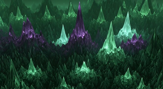 Abstract formations of crystalline structures, illuminated green and purple