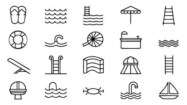 A professional series of forty-five thin line icons showing water safety equipment and emergency rescue tools for aquatic centers on white.