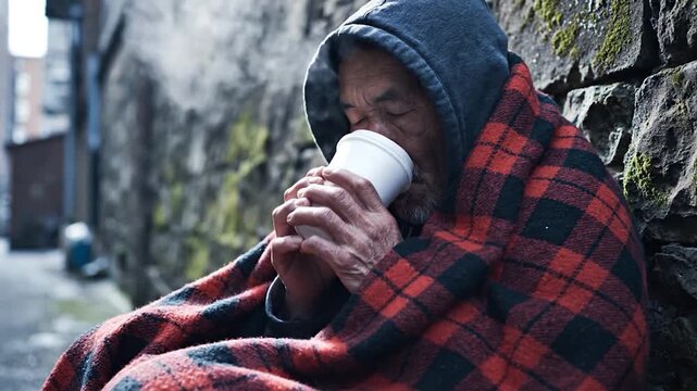 A solitary individual wrapped in a plaid blanket, seeking warmth with a disposable cup in a cold urban alleyway