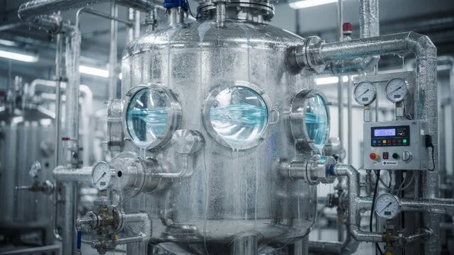 Closeup medium shot of a herbicide reactor in the cooling phase highlighting the sight glasses and temperature controls as the jacket circulates cooling fluids.