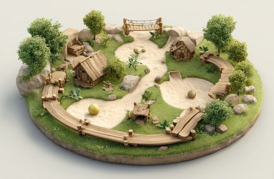 An open-air children's play area with wooden structures, swing, and pathways surrounded by greenery