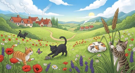 Naklejka premium Whimsical Pixel Art Illustration of Cats Playing in a Vibrant Flower Meadow with a Charming Village Background
