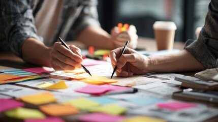 Naklejka premium Creative team at an advertising agency brainstorming with colorful sticky notes and sketches on a table