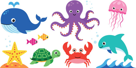 Obraz premium Ocean Animal Characters Set Featuring Whale, Dolphin, Octopus, Crab, Turtle, Jellyfish, Fish, and Starfish for Kids' Illustrations