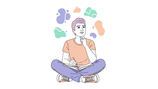 Young man sitting cross-legged, writing in notebook, thinking with colorful abstract shapes above