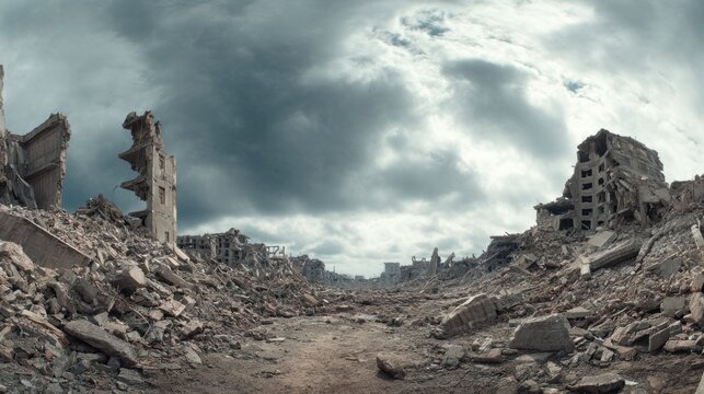 Apocalyptic landscape of rubble and demolished buildings with ruined structures and debris under dark, stormy sky