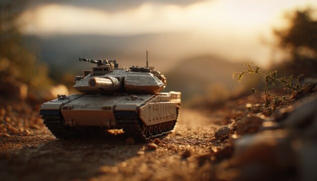 Detailed model of an israeli battle tank tank with textured surface, camouflage paint, and turret, positioned on a rugged terrain background