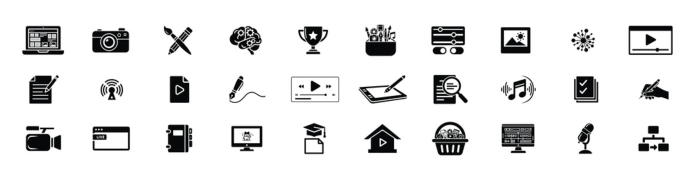 Creative media and content production icons set including laptop camera video player pencil brush brain trophy folder microphone website editor live stream chart photography illustration.