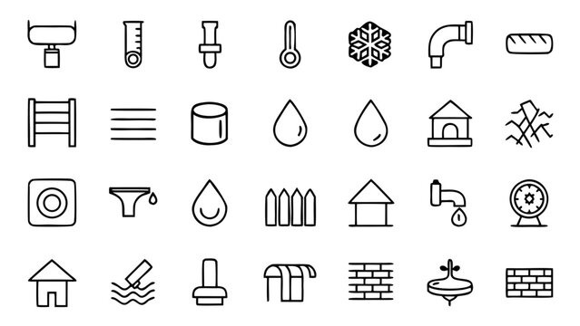 Sixty white outline icons featuring plumbing infrastructure components like pipes and valves are displayed in a clean grid on a black canvas.