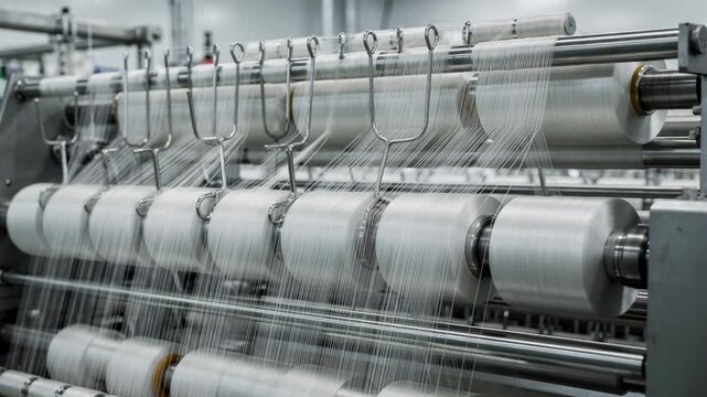 Medium shot focusing on apparelgrade nylon filament yarn production displaying the continuous spinning and winding of fine durable yarn with a semidull surface texture.