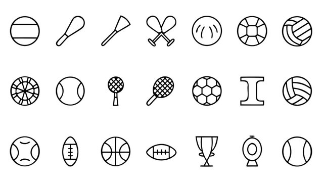 The second part of a sports equipment icon series displays sixty white linear outline graphics of diverse athletic gear and accessories on a dark black surface.
