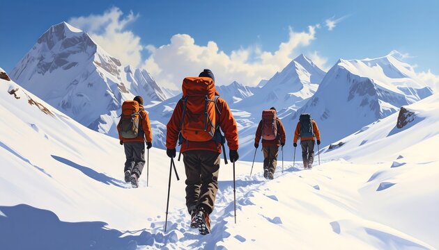 Hikers climb snow-covered mountain range