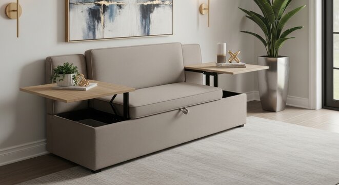 Versatile Beige Convertible Seating Bench with Integrated Under-Seat Storage and Fold-Out Table