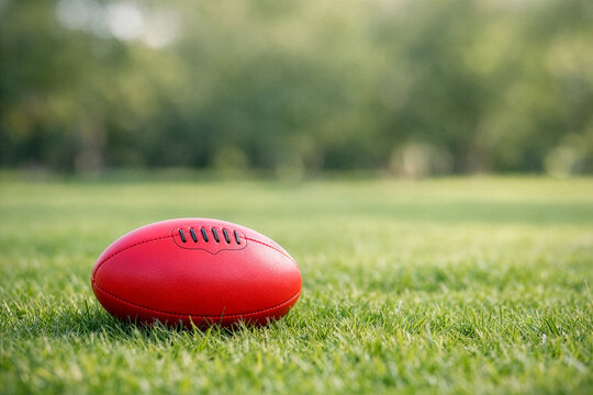 Australian rules football on grass field with soft focus background and copy space on right 