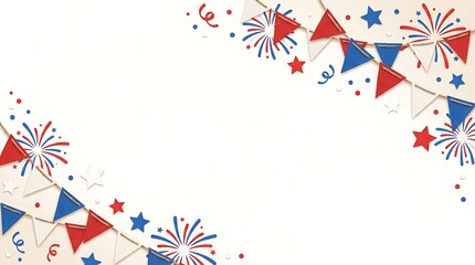 Obraz premium Patriotic red, white, and blue bunting flags and fireworks border on light background.