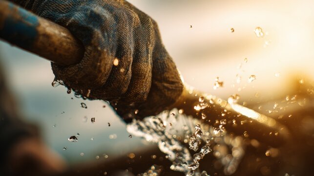 A gloved hand gripping a steel ice chisel with textured surface, used for breaking ice or animated movie materials